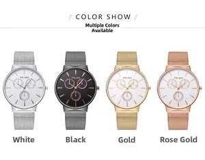 Detailed view of quartz watches with three-eye dials and mesh bracelets in four colors