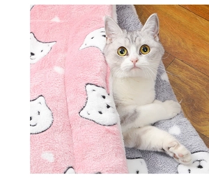 Plush pet blankets with cat prints on wood floor shown with a British Shorthair cat