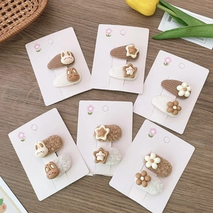 Cute Cartoon Rabbit Flower Star Hair Clips For Kids Girls Sweet Plush Cloth BB Clips Coffee Beige Hair Accessories