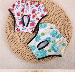 Detail of pet physical pants with cute fruit prints and elastic waistband with tail hole