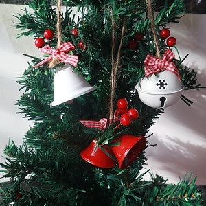 Christmas tree bell pendants with red and white metal bells, pine cones and rustic twine