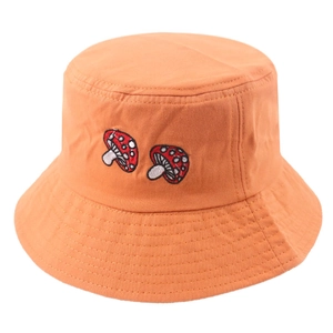 Chapeau bob en coton orange avec broderie champignon et bord avec surpiqûres