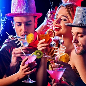 Sparkly 3cm mirror disco ball cocktail stirrer with transparent spiral drinking straw