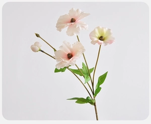 Detail of faux butterfly ranunculus with pink and yellow gradient petals on white background