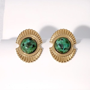 Vintage 18K gold plated stainless steel earrings with natural green stone textures
