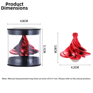 Macro detail of red aerodynamic wind spinning top toy with spiral metal texture and case