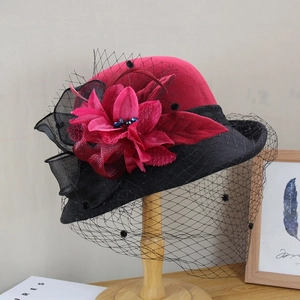 Vintage Wool Felt Fascinator Hat Elegant Mesh Veil Pillbox Hat Fabric Flower Feather Decor Women Retro Style