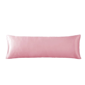 Pink satin long body pillowcase with silky luster finish on a white background