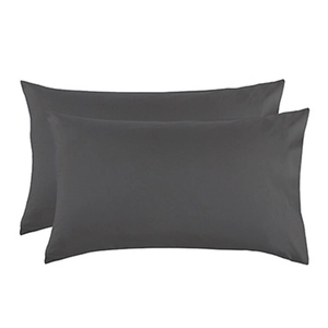 Close-up of two grey satin pillowcases stacked on a white background, soft smooth texture