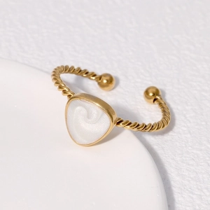 Minimalist twisted gold ring with triangle mother-of-pearl inlay and bead accents