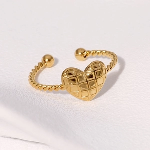Heart Ring Quilted Pattern Stainless Steel Adjustable Open Twist Rope Band Minimalist Fashion Jewelry For Women