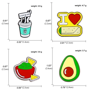 Creative enamel pins set featuring coffee cup, chicken roll, salsa and avocado designs