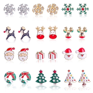 Christmas stud earrings set featuring snowflake and reindeer designs in a 12-pair pack