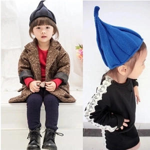 Cute children's knitted pointed elf hat in dark grey and navy blue for babies and toddlers