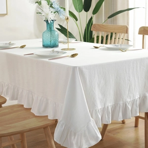 White minimalist ruffles cotton tablecloth with lotus leaf edge for dining table decor