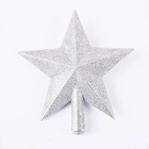 Macro view of a shimmering silver glitter star topper for a Christmas tree decoration