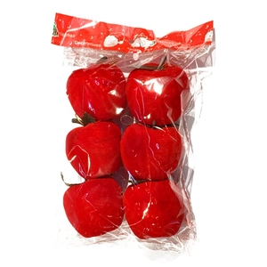 Set of 6 red flocked Christmas apple ornaments for holiday tree decoration on white background