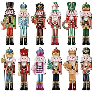 Set of 12 wooden nutcracker ornaments with gingerbread and candy designs for Christmas tree