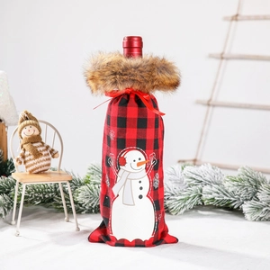 Housse de bouteille de vin Noël à carreaux rouges et noirs avec col en peluche et bonhomme