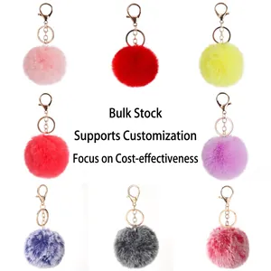 Fluffy 8cm faux rabbit fur ball keychains with gold metal lobster clasps in 8 colors