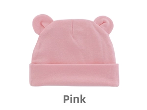 Close-up of pink cotton knitted newborn beanie with cute Mickey ears and rolled hem detail