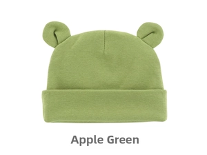 Detail of soft fruit green infant beanie with cute bear ears and ribbed cuff design