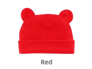 Detailed close-up of a red baby beanie with cute Mickey ears in soft knitted cotton