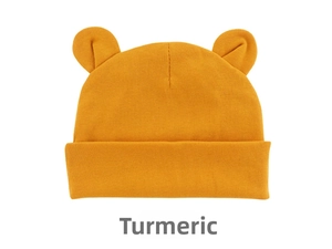 Detailed view of ginger yellow newborn knit hat featuring cute Mickey style bear ears