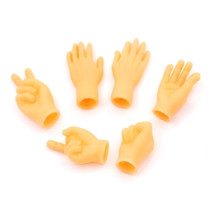 Funny set of 6 mini skin-tone finger puppets showing various gestures on white background