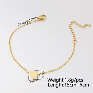 Polished gold stainless steel heart pendant bracelet with dimensions and chain length