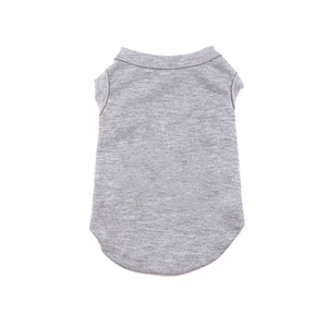 Detail of grey cotton blend pet vest with ribbed neckline on a clean white background