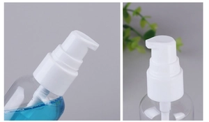 Detailed view of empty and filled transparent plastic pump bottles for travel toiletries