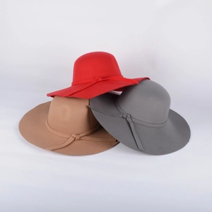 Three wool felt wide brim hats in red, grey, and camel shown in a studio display