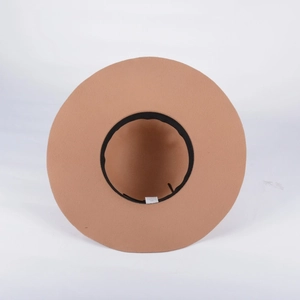 Detail view of khaki wool felt wide brim hat featuring a black sweatband and size label