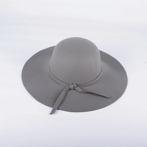 Elegant wide-brimmed grey felt fedora with matching bow tie for women's winter fashion