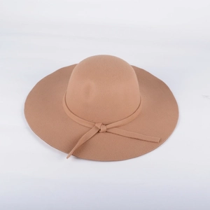 Elegant wide brim wool felt hat for women in khaki with a decorative ribbon bow detail