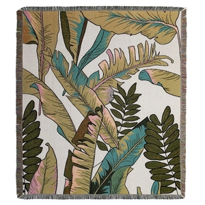 Nordic woven blanket with tropical leaf pattern and fringe edges for office or sofa