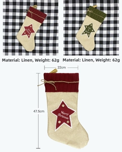 Linen Christmas stocking detail with knit cuff, star embroidery and size measurements