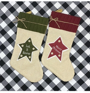 Linen Christmas stockings set with Let it Snow and Merry Christmas embroidery detail