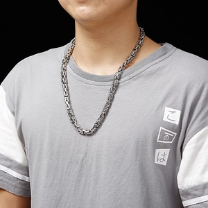 Classic silver stainless steel Byzantine chain necklace for men on male model with black background