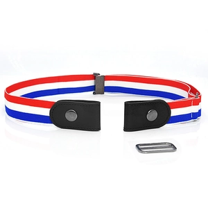 Detail view of elastic red, white, and blue striped buckle-free belt with black leather ends
