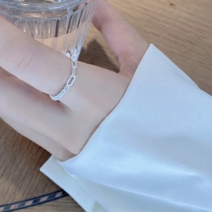 Minimalist adjustable S925 sterling silver chain ring with white zircon stones for women