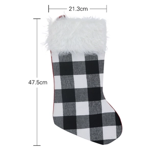 Large black and white buffalo plaid Christmas stocking with white faux fur trim 47.5cm