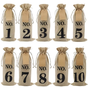 Set of 10 numbered burlap wine gift bags with drawstrings and hanging kraft tags