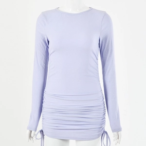 Detail of the side drawstring ruched design on this lilac long sleeve slim fit dress