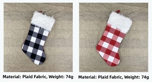 Detail of plaid Christmas stockings with plush cuffs and material weight specifications