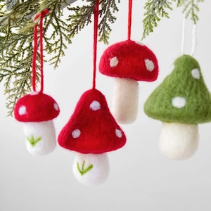 Mini wool felt mushroom Christmas tree ornaments in red and green festive colors
