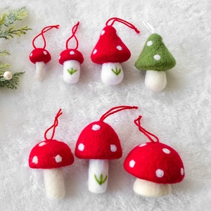 7-piece set of handmade red wool felt mushroom ornaments for Christmas tree hanging decor
