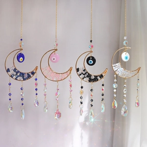 Moon Crystal Suncatcher Hanging Ornament With Natural Stones Evil Eye Prisms Window Decor Rainbow Maker Boho