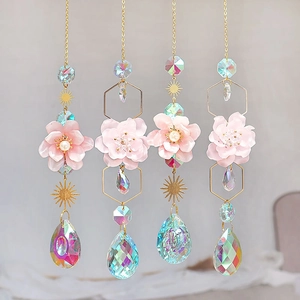 Crystal Suncatcher Wind Chime Hanging Ornament With Pink Flower Iridescent Prism Pendant For Garden Window Decor Gold Tone